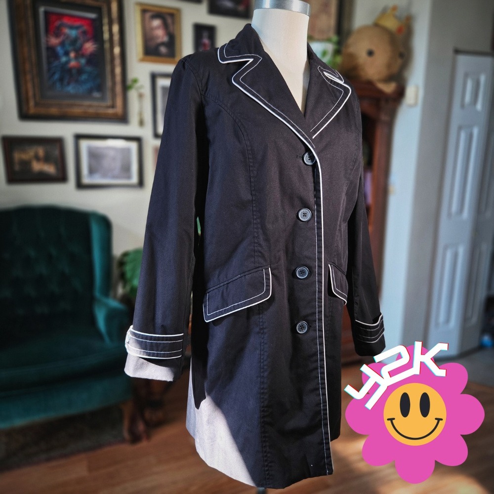 Dennis Basso Trench Coat Black Y2K Women M Contrast Stitch Paisley Lining Jacket